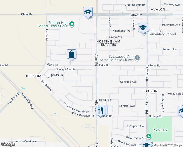 map of restaurants, bars, coffee shops, grocery stores, and more near 12912 Sunlight Star Street in Bakersfield