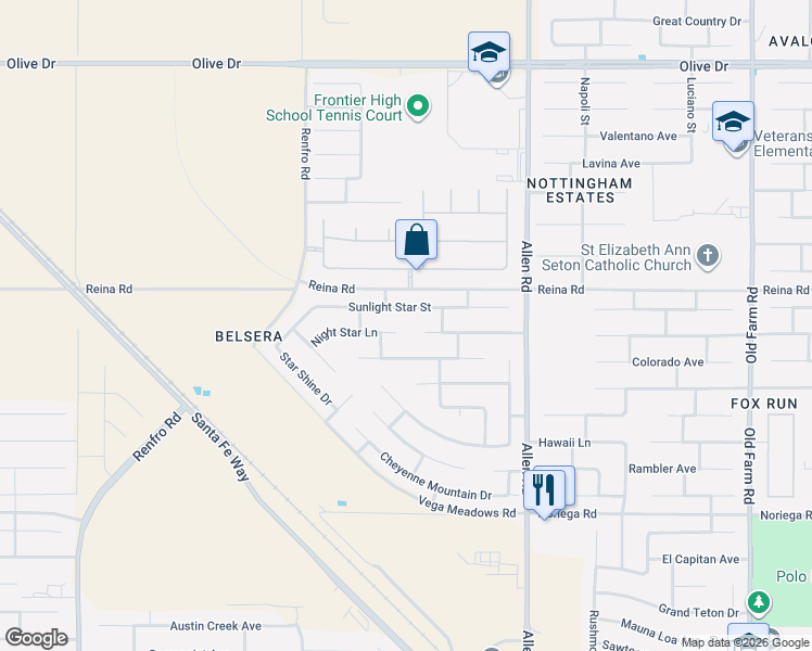 map of restaurants, bars, coffee shops, grocery stores, and more near Summer Sun Way in Bakersfield