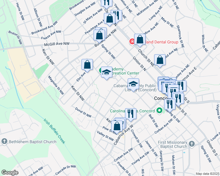map of restaurants, bars, coffee shops, grocery stores, and more near 130 Cedar Drive Northwest in Concord