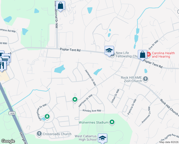map of restaurants, bars, coffee shops, grocery stores, and more near 2692 Jameson Drive Northwest in Concord