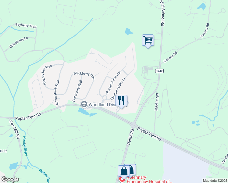 map of restaurants, bars, coffee shops, grocery stores, and more near 180 Poplar Woods Drive in Concord
