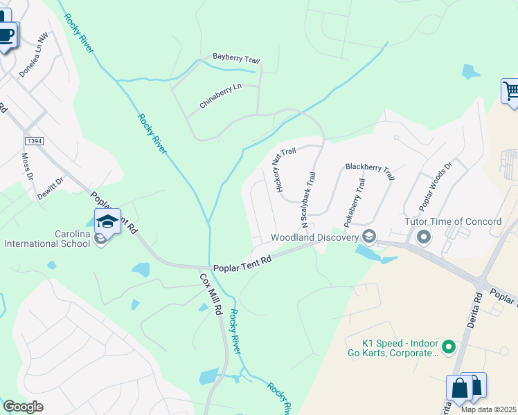 map of restaurants, bars, coffee shops, grocery stores, and more near 8775 Hickory Nut Trail in Concord