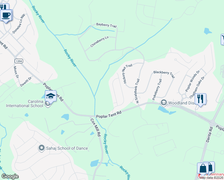 map of restaurants, bars, coffee shops, grocery stores, and more near 8775 Hickory Nut Trail in Concord