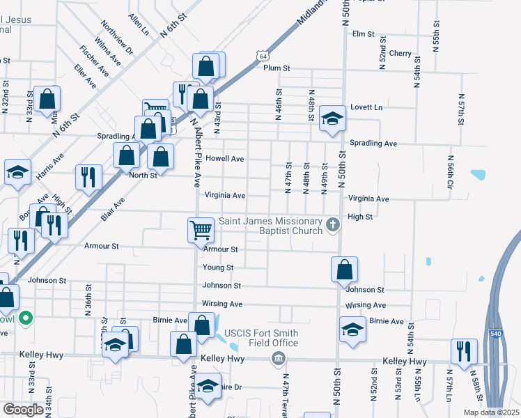 map of restaurants, bars, coffee shops, grocery stores, and more near 4501 Virginia Avenue in Fort Smith