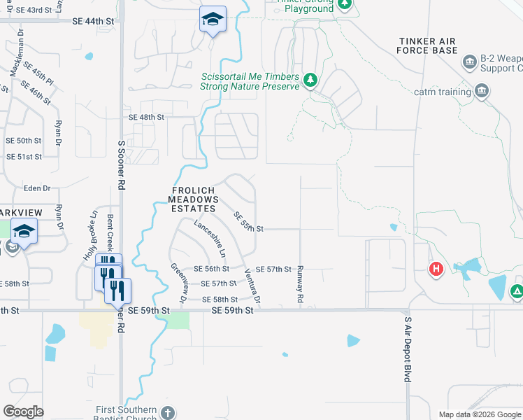 map of restaurants, bars, coffee shops, grocery stores, and more near 5416 Cloverlawn Drive in Oklahoma City