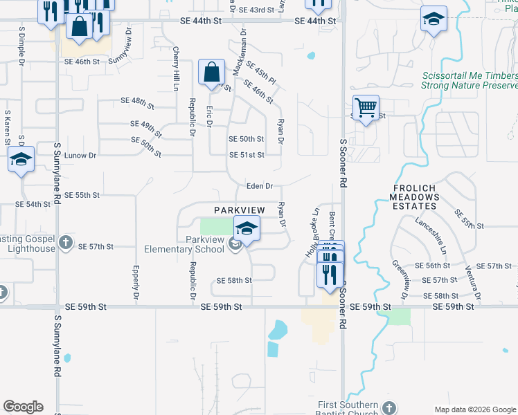 map of restaurants, bars, coffee shops, grocery stores, and more near 5108 Eden Drive in Oklahoma City