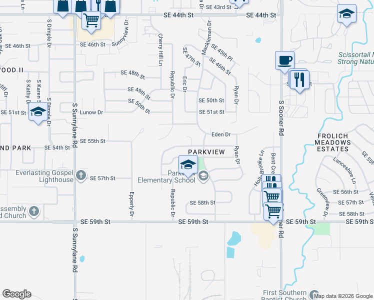 map of restaurants, bars, coffee shops, grocery stores, and more near 5316 Eric Court in Oklahoma City