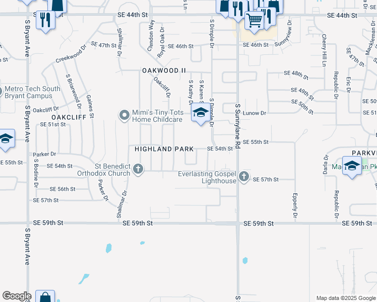 map of restaurants, bars, coffee shops, grocery stores, and more near 3909 Southeast 54th Street in Oklahoma City