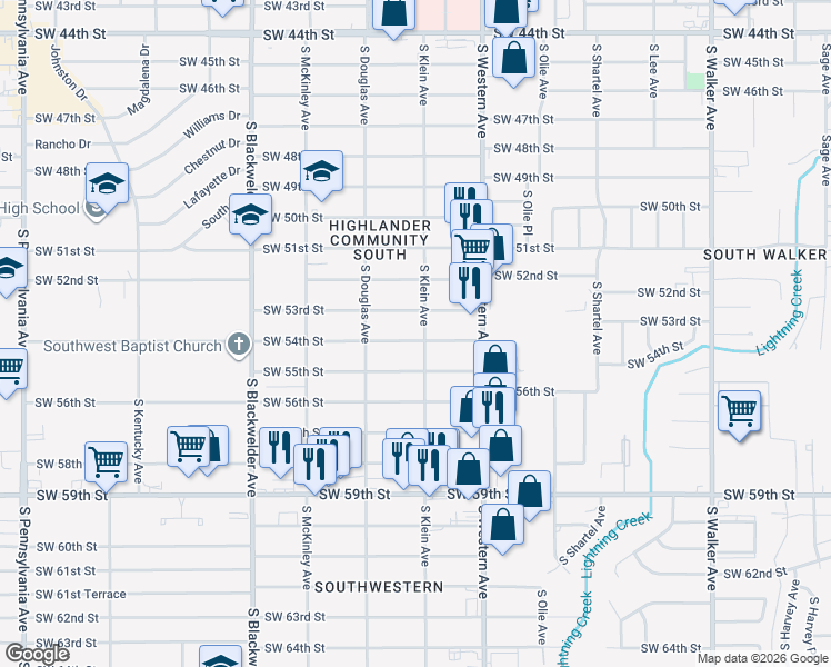 map of restaurants, bars, coffee shops, grocery stores, and more near 1008 Southwest 53rd Street in Oklahoma City