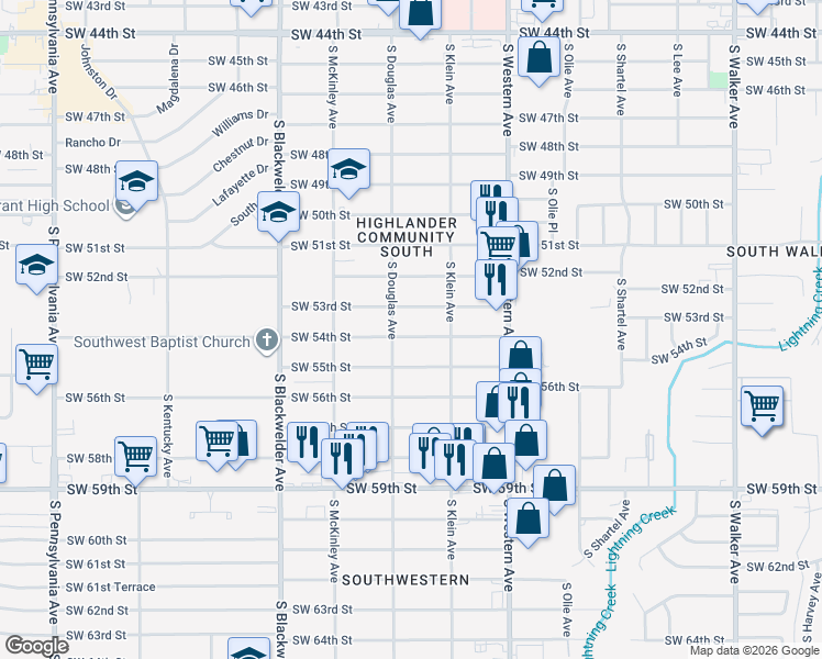 map of restaurants, bars, coffee shops, grocery stores, and more near 5316 South Douglas Avenue in Oklahoma City