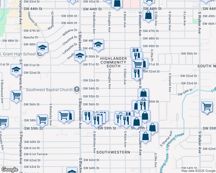map of restaurants, bars, coffee shops, grocery stores, and more near 5316 South Douglas Avenue in Oklahoma City