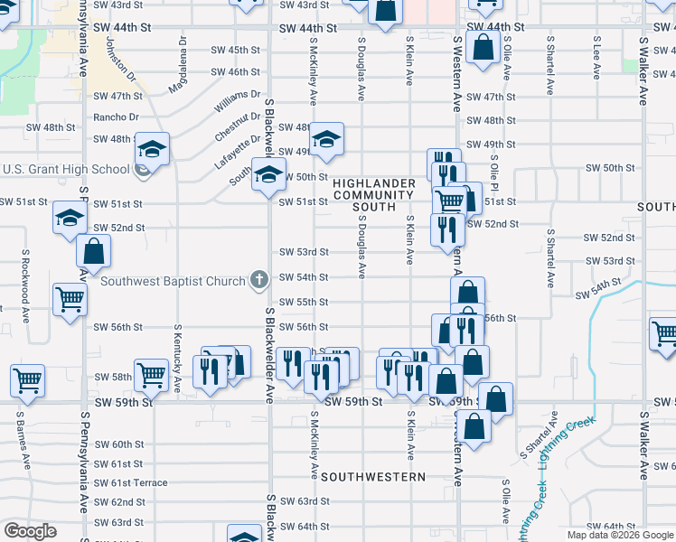 map of restaurants, bars, coffee shops, grocery stores, and more near 1124 Southwest 53rd Street in Oklahoma City