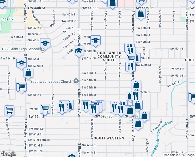 map of restaurants, bars, coffee shops, grocery stores, and more near 1124 Southwest 53rd Street in Oklahoma City