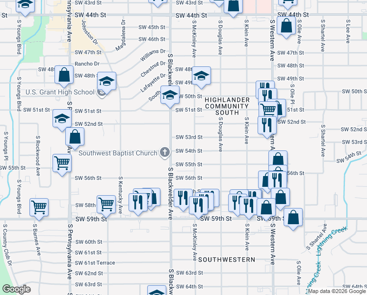 map of restaurants, bars, coffee shops, grocery stores, and more near 1204 Southwest 53rd Street in Oklahoma City
