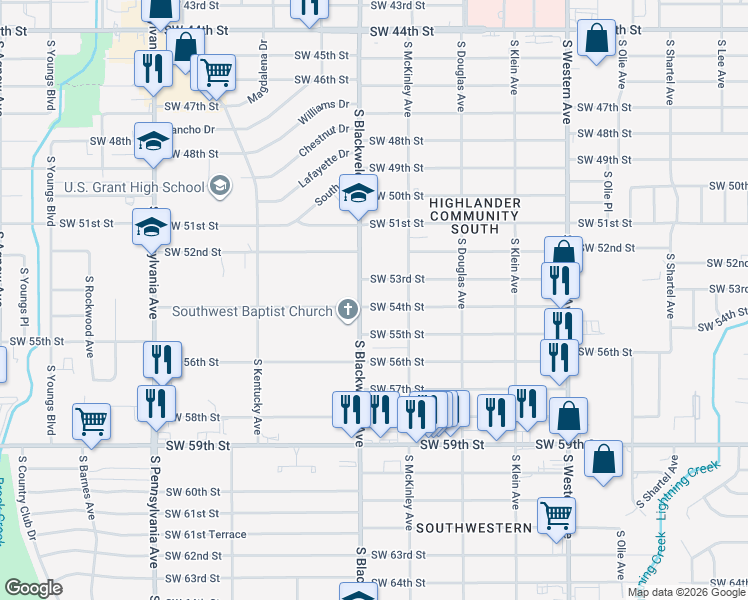 map of restaurants, bars, coffee shops, grocery stores, and more near 5401 South Blackwelder Avenue in Oklahoma City