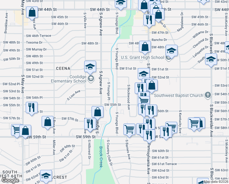 map of restaurants, bars, coffee shops, grocery stores, and more near 5325 South Youngs Boulevard in Oklahoma City