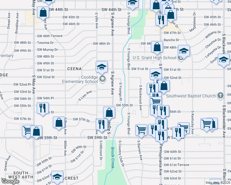 map of restaurants, bars, coffee shops, grocery stores, and more near 5321 South Youngs Place in Oklahoma City