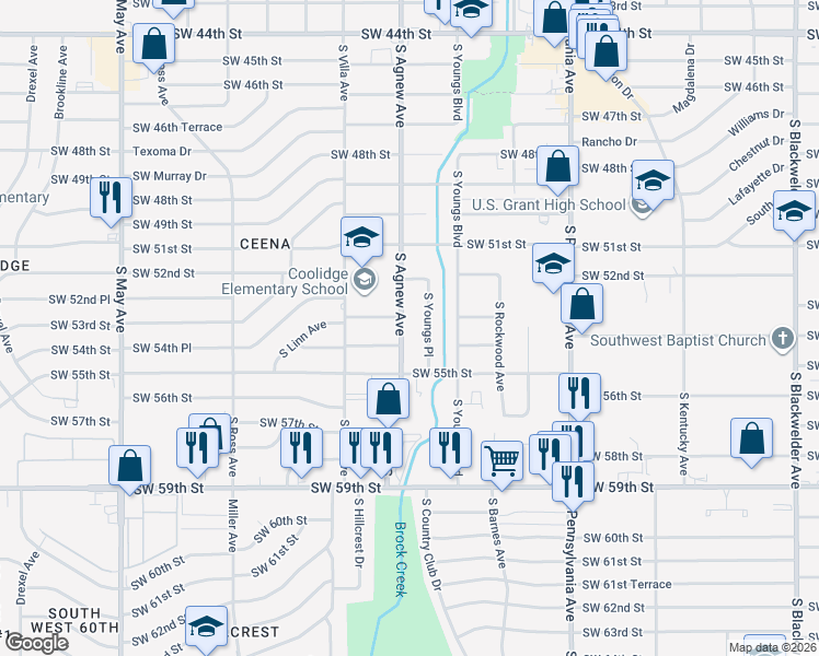 map of restaurants, bars, coffee shops, grocery stores, and more near 5321 South Youngs Place in Oklahoma City