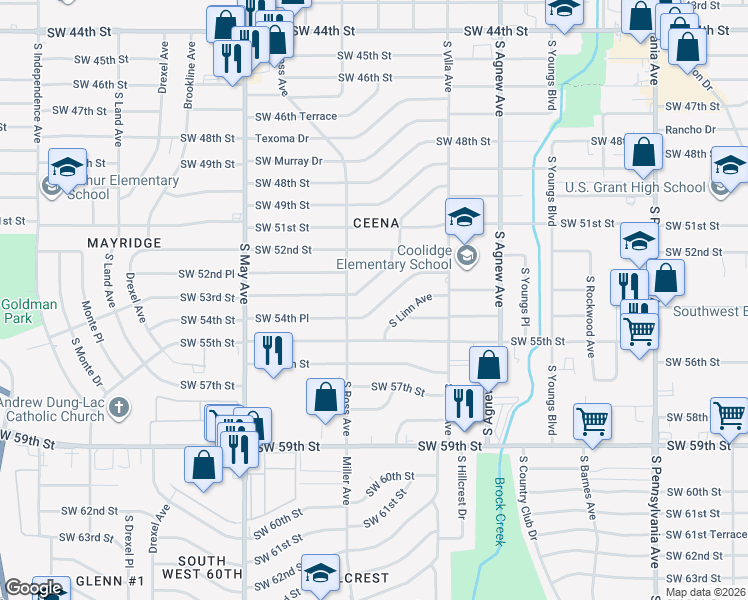 map of restaurants, bars, coffee shops, grocery stores, and more near 2632 Southwest 54th Street in Oklahoma City