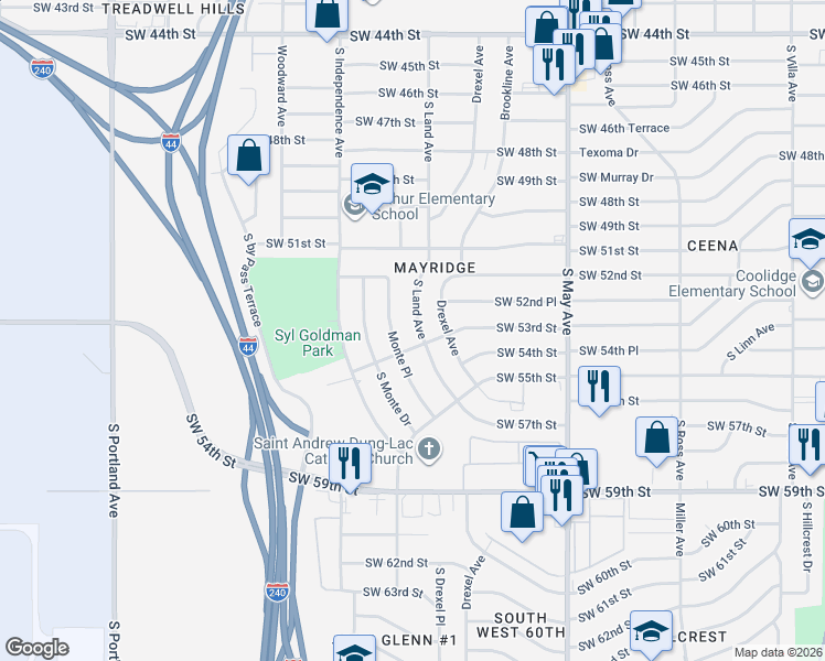 map of restaurants, bars, coffee shops, grocery stores, and more near 5305 South Land Avenue in Oklahoma City