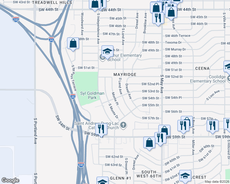 map of restaurants, bars, coffee shops, grocery stores, and more near 5305 South Land Avenue in Oklahoma City