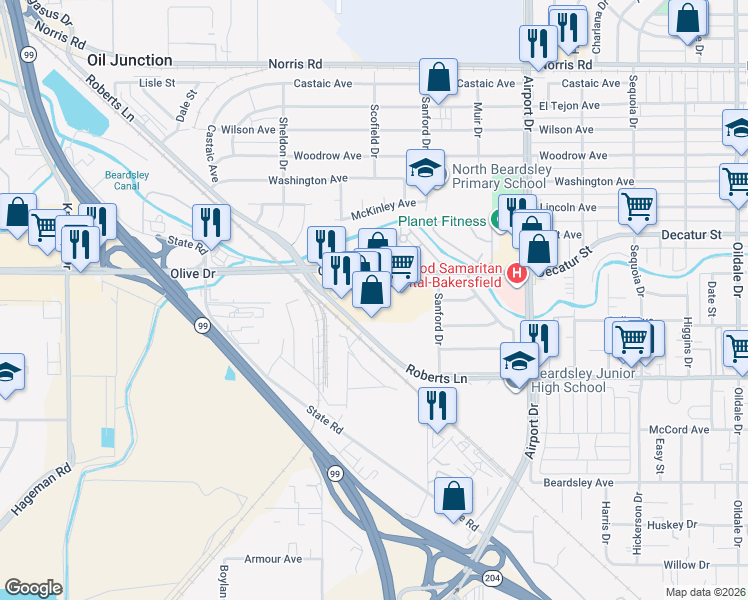 map of restaurants, bars, coffee shops, grocery stores, and more near 1129 Olive Drive in Bakersfield