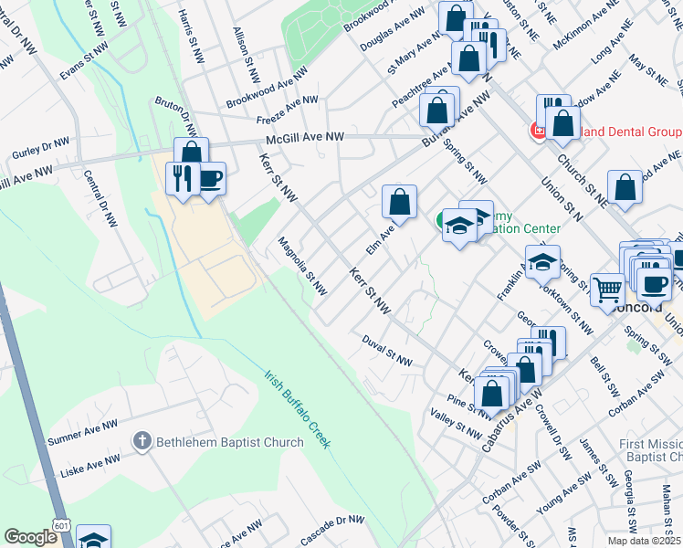 map of restaurants, bars, coffee shops, grocery stores, and more near 262 Elm Avenue Northwest in Concord
