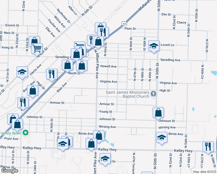 map of restaurants, bars, coffee shops, grocery stores, and more near 4300 Virginia Avenue in Fort Smith