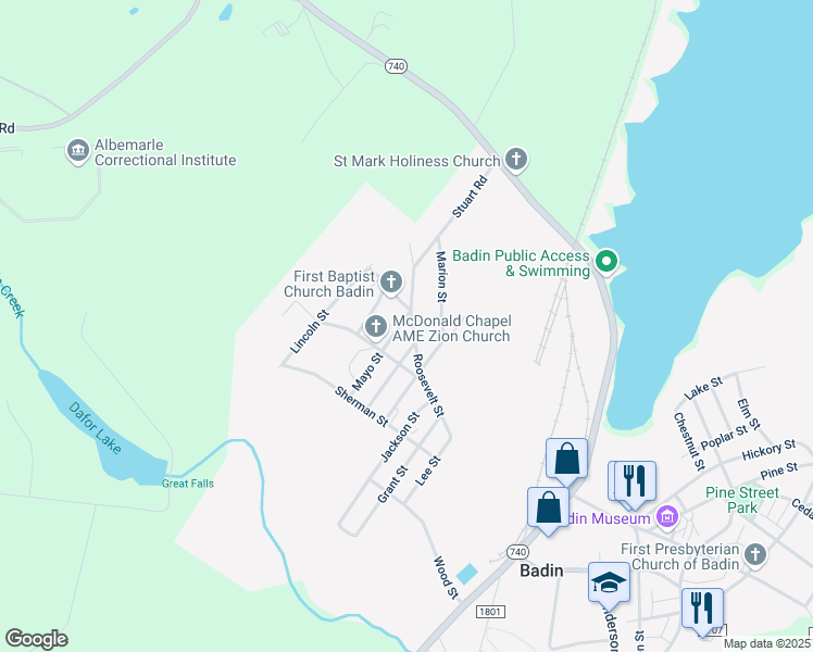 map of restaurants, bars, coffee shops, grocery stores, and more near 716 Roosevelt Street in Badin