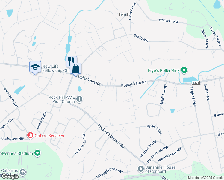 map of restaurants, bars, coffee shops, grocery stores, and more near 3331 Poplar Tent Road in Concord
