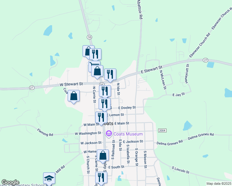 map of restaurants, bars, coffee shops, grocery stores, and more near 228 North Summit Street in Coats