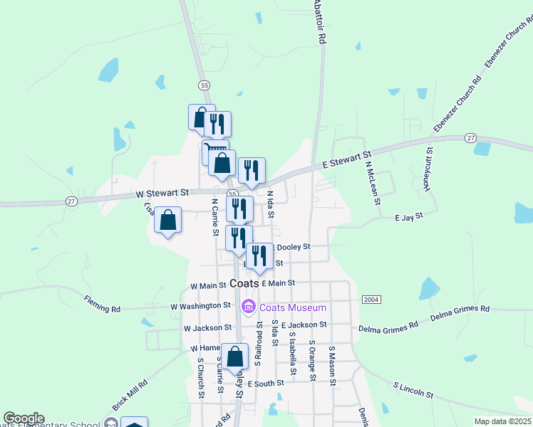 map of restaurants, bars, coffee shops, grocery stores, and more near 111 East Park Street in Coats