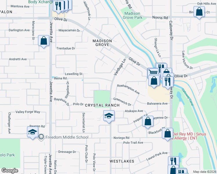 map of restaurants, bars, coffee shops, grocery stores, and more near 5710 Meadow Valley Court in Bakersfield