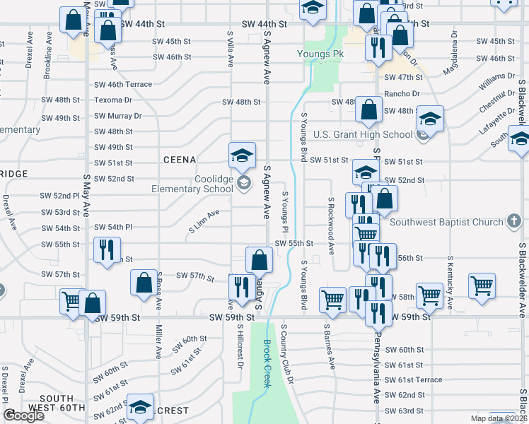 map of restaurants, bars, coffee shops, grocery stores, and more near 5212 South Villa Avenue in Oklahoma City
