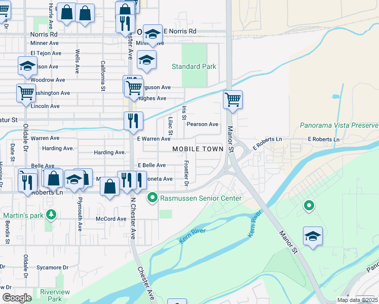 map of restaurants, bars, coffee shops, grocery stores, and more near 524 Frontier Drive in Bakersfield