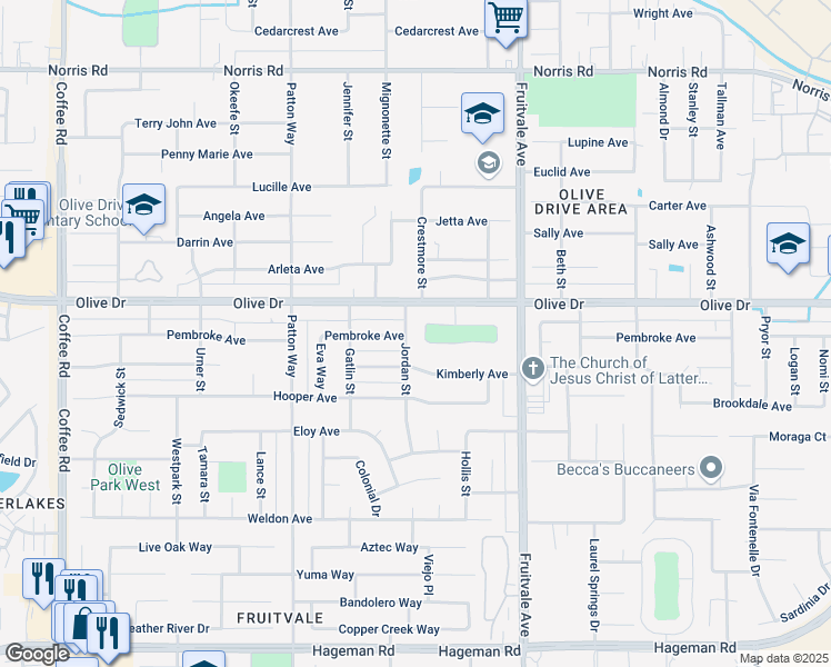 map of restaurants, bars, coffee shops, grocery stores, and more near 6901 Olive Drive in Bakersfield