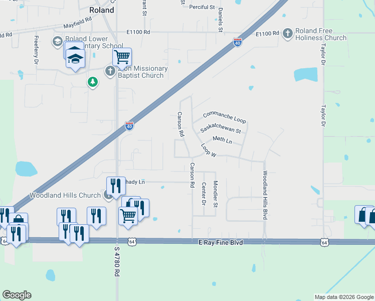 map of restaurants, bars, coffee shops, grocery stores, and more near 506 Carson Road in Roland