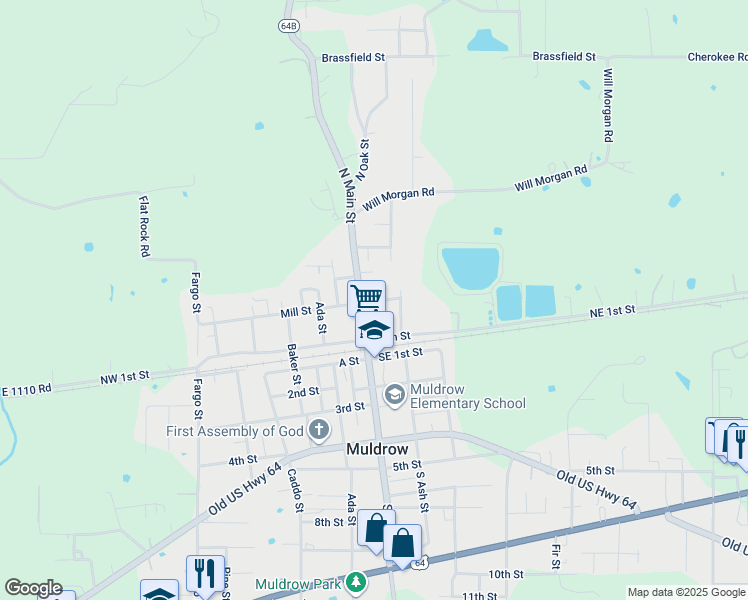 map of restaurants, bars, coffee shops, grocery stores, and more near 205 North Main Street in Muldrow