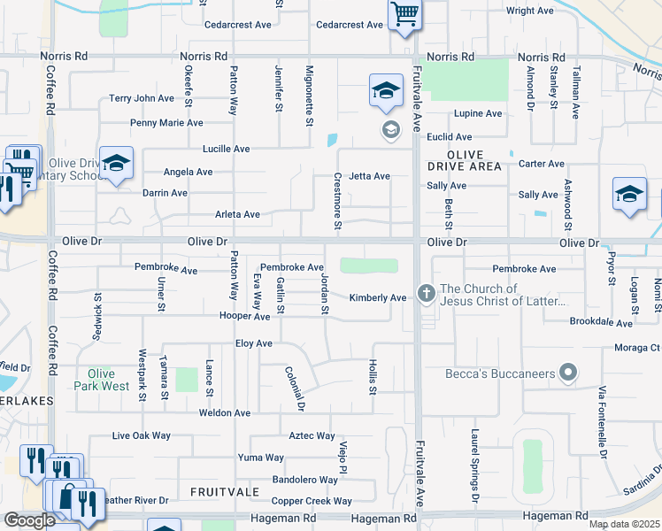 map of restaurants, bars, coffee shops, grocery stores, and more near 6901 Olive Drive in Bakersfield