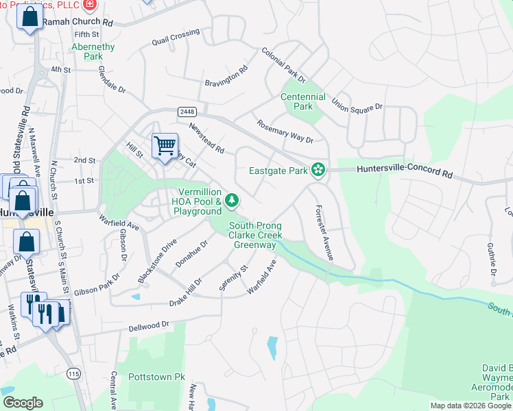 map of restaurants, bars, coffee shops, grocery stores, and more near 12916 Silbury Lane in Huntersville