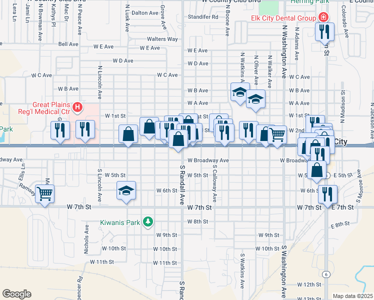 map of restaurants, bars, coffee shops, grocery stores, and more near 1029 West 3rd Street in Elk City