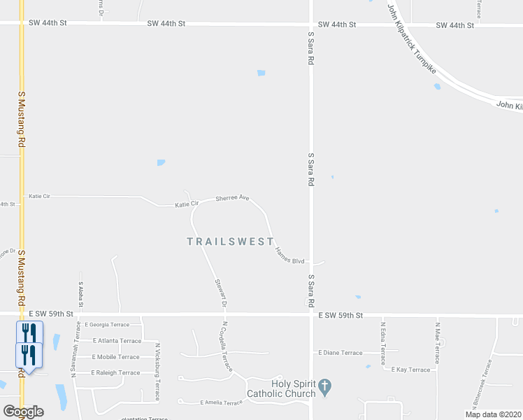 map of restaurants, bars, coffee shops, grocery stores, and more near 10803 Hames Boulevard in Mustang