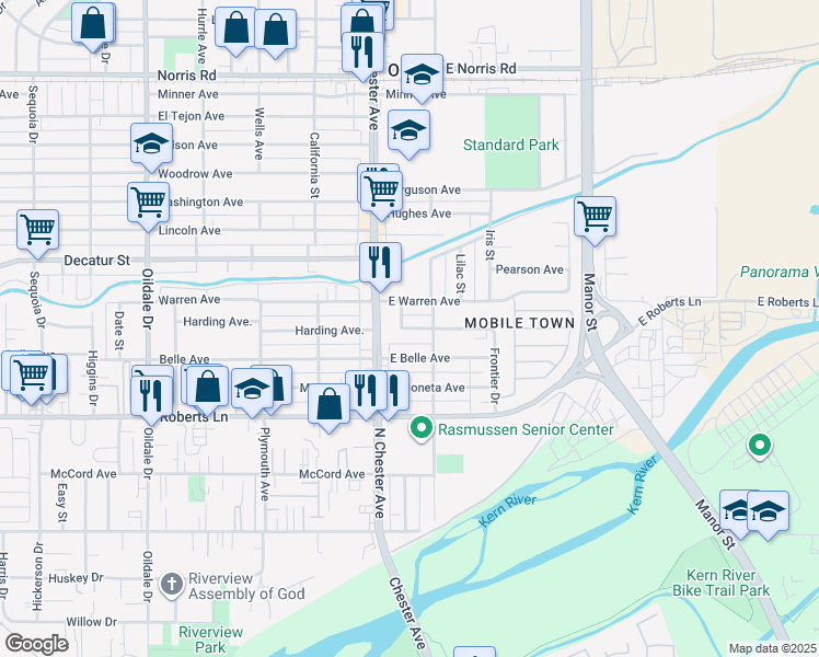 map of restaurants, bars, coffee shops, grocery stores, and more near 104 East Harding Avenue in Bakersfield