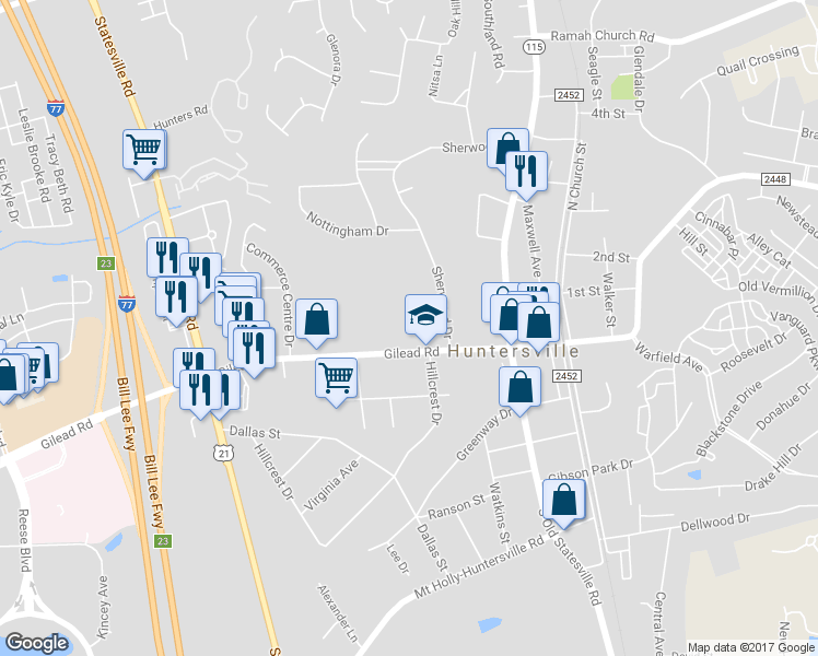 map of restaurants, bars, coffee shops, grocery stores, and more near 200 Gilead Road in Huntersville