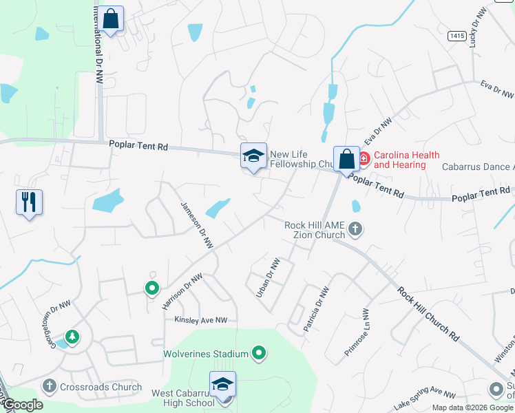 map of restaurants, bars, coffee shops, grocery stores, and more near 354 Old Speedway Drive Northwest in Concord