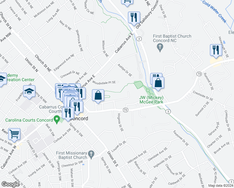 map of restaurants, bars, coffee shops, grocery stores, and more near 147 Wilkinson Court Southeast in Concord