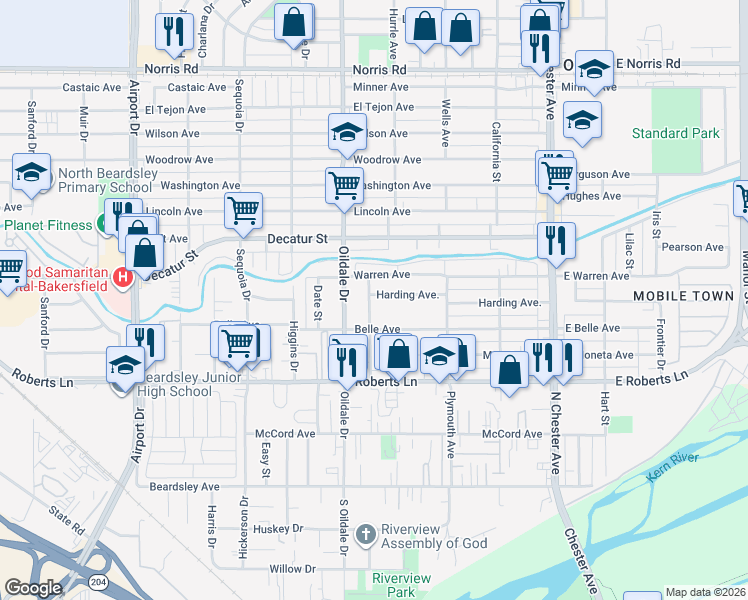 map of restaurants, bars, coffee shops, grocery stores, and more near 327 Warren Avenue in Bakersfield