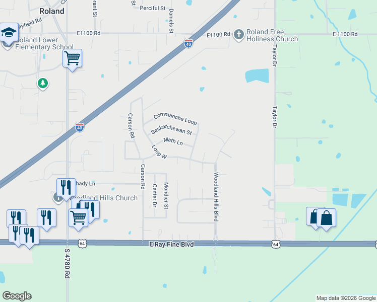 map of restaurants, bars, coffee shops, grocery stores, and more near 129 Math Lane in Roland