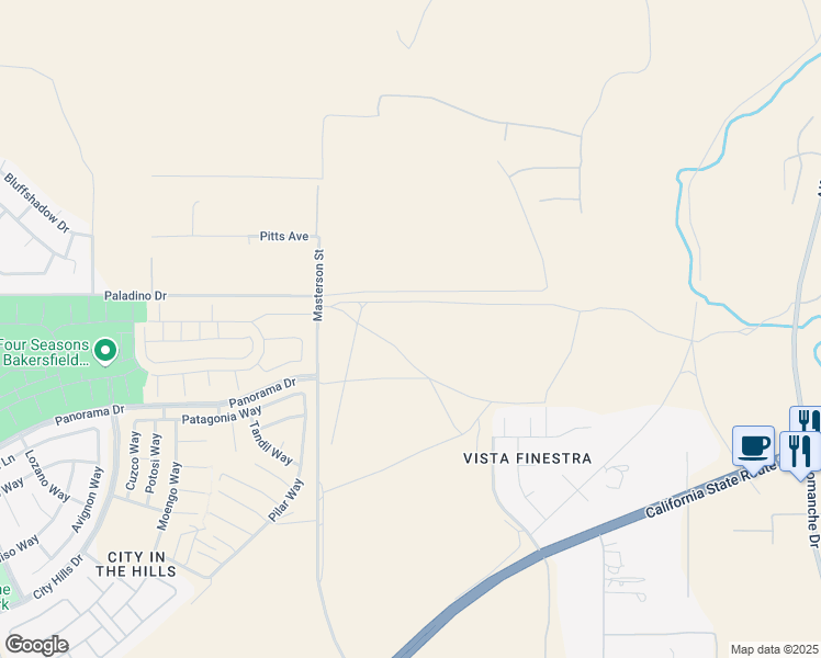 map of restaurants, bars, coffee shops, grocery stores, and more near 11303 Paladino Drive in Bakersfield