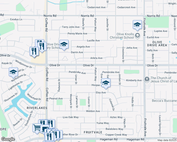 map of restaurants, bars, coffee shops, grocery stores, and more near 7401 Olive Drive in Bakersfield